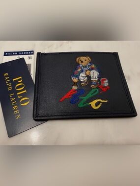 NEW Polo Ralph Lauren PAINTING BEAR Leather Slim Card Case Wallet - NAVY BLUE